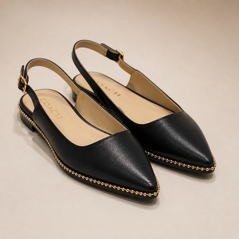 Coach C2316 Black Leather Slingback Flats Gold Bead Trim Pointed Toe 6.5B